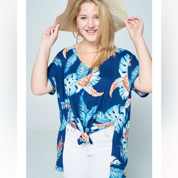 Emerald Boutique Teal blue Tropical tunic v-neck Top Plus size 1X - Picture 1 of 8